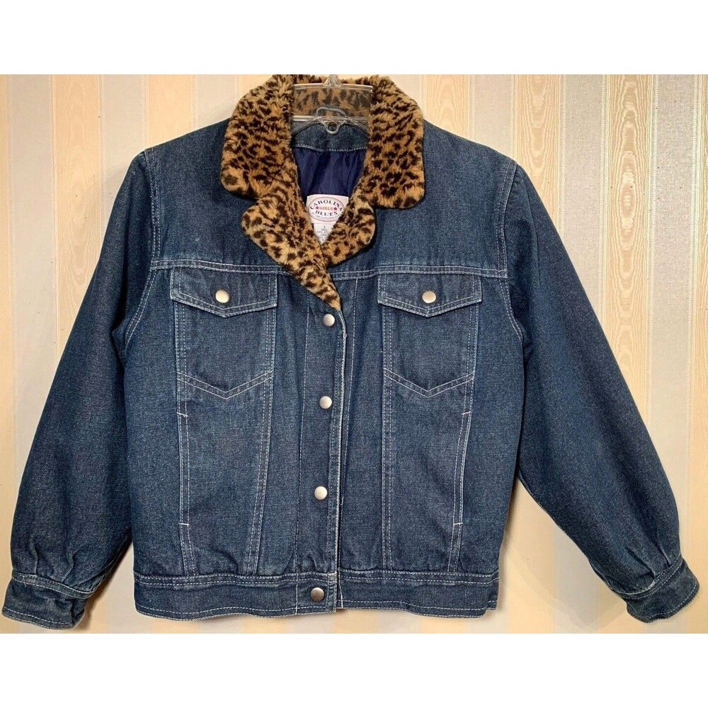 Blue Jean Denim Jacket w/Leopard Trim Carolina Blues GIRLS Size LARGE  EXCELLENT